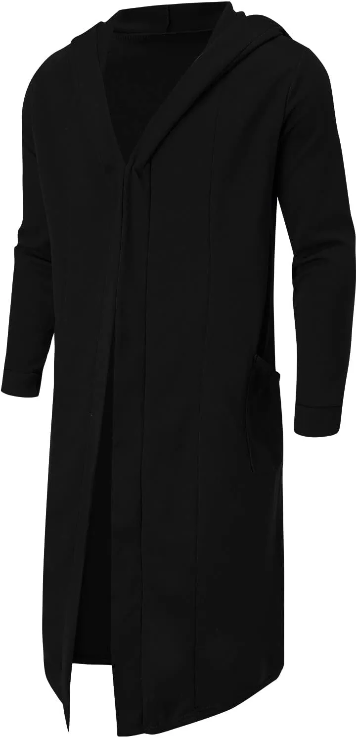 Mens Hooded Cardigans Open Front Asymmetric Hem Coats Loose Shawl Collar Drape Cape Overcoat with Pockets Fall Winter