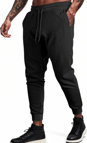 Men's Joggers Sweatpants Waffle Elastic Waist Drawstring Tapered Trousers Slim Fit Workout Running Athletic Pants