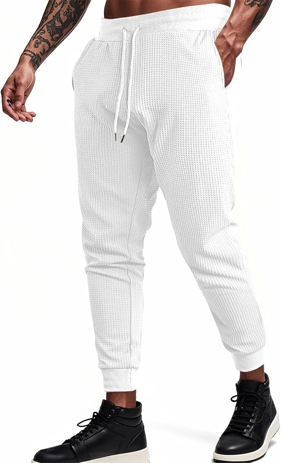 Men's Joggers Sweatpants Waffle Elastic Waist Drawstring Tapered Trousers Slim Fit Workout Running Athletic Pants