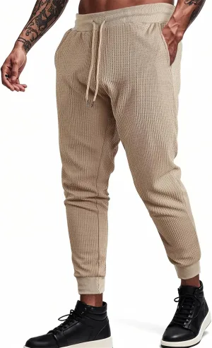 Men's Joggers Sweatpants Waffle Elastic Waist Drawstring Tapered Trousers Slim Fit Workout Running Athletic Pants