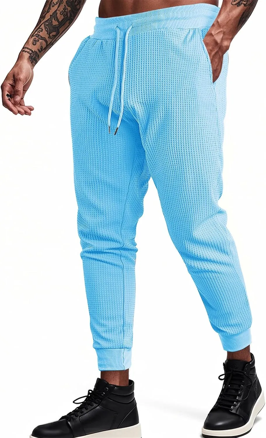 Men's Joggers Sweatpants Waffle Elastic Waist Drawstring Tapered Trousers Slim Fit Workout Running Athletic Pants
