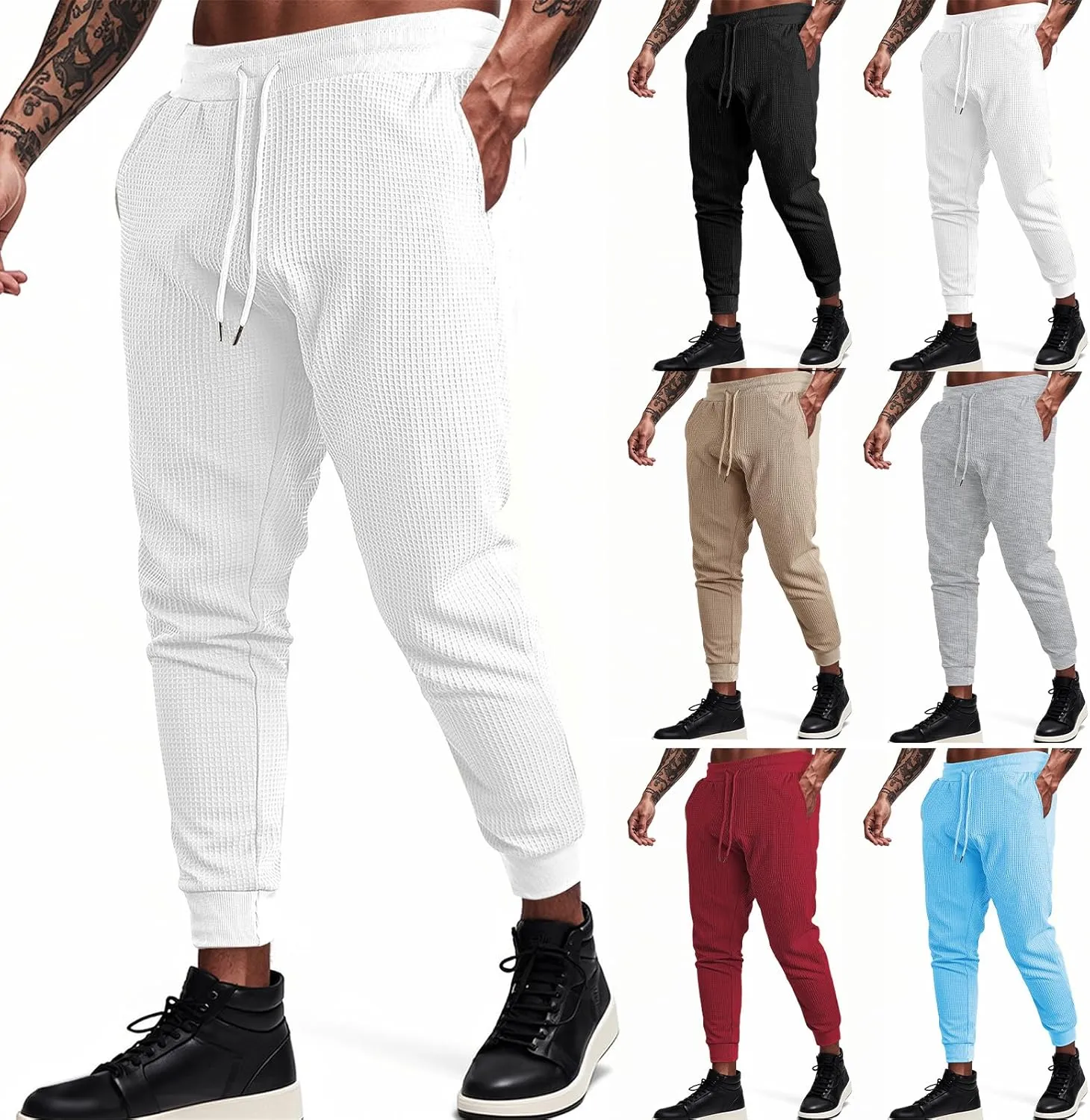 Men's Joggers Sweatpants Waffle Elastic Waist Drawstring Tapered Trousers Slim Fit Workout Running Athletic Pants
