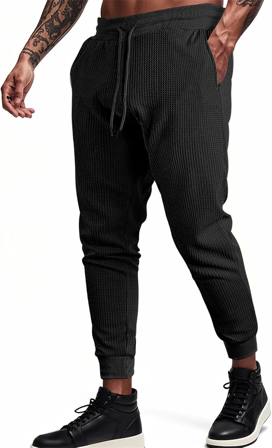 Men's Joggers Sweatpants Waffle Elastic Waist Drawstring Tapered Trousers Slim Fit Workout Running Athletic Pants
