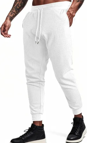 Men's Joggers Sweatpants Waffle Elastic Waist Drawstring Tapered Trousers Slim Fit Workout Running Athletic Pants