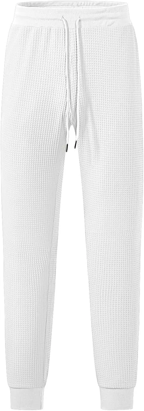 Men's Joggers Sweatpants Waffle Elastic Waist Drawstring Tapered Trousers Slim Fit Workout Running Athletic Pants
