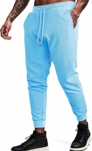 Men's Joggers Sweatpants Waffle Elastic Waist Drawstring Tapered Trousers Slim Fit Workout Running Athletic Pants