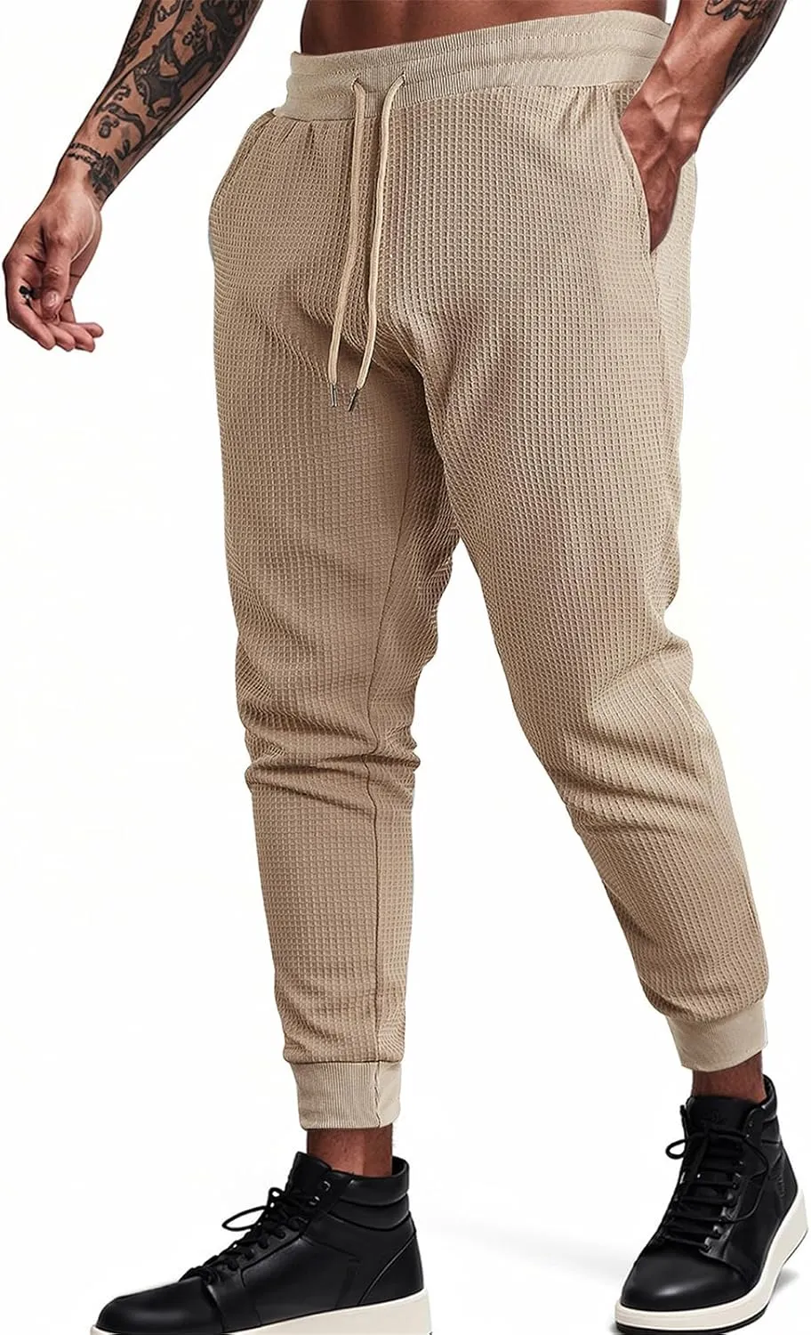Men's Joggers Sweatpants Waffle Elastic Waist Drawstring Tapered Trousers Slim Fit Workout Running Athletic Pants
