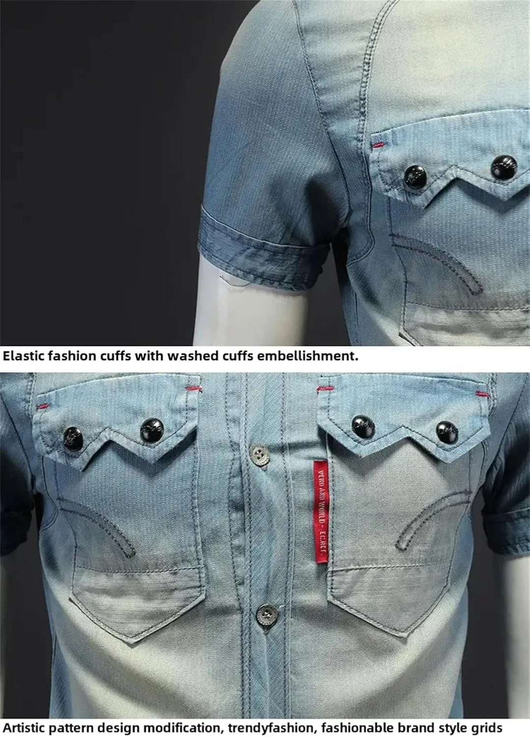 Men's Lapel Denim Short Sleeve Shirt Slimming Vintage Wash Denim Style Shirt