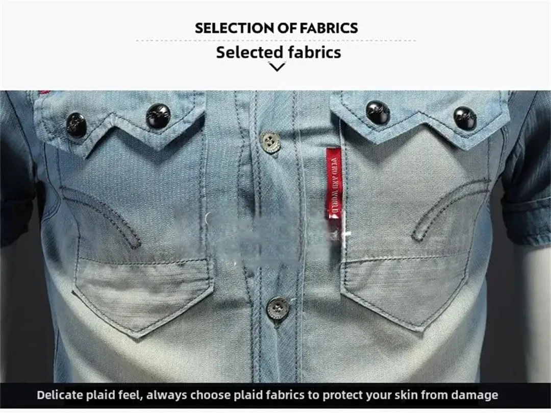 Men's Lapel Denim Short Sleeve Shirt Slimming Vintage Wash Denim Style Shirt