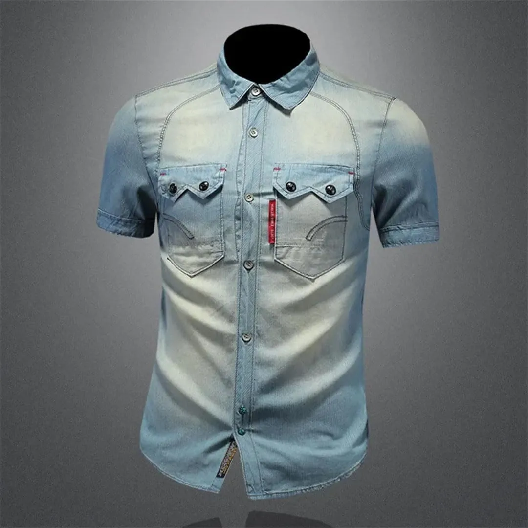 Men's Lapel Denim Short Sleeve Shirt Slimming Vintage Wash Denim Style Shirt