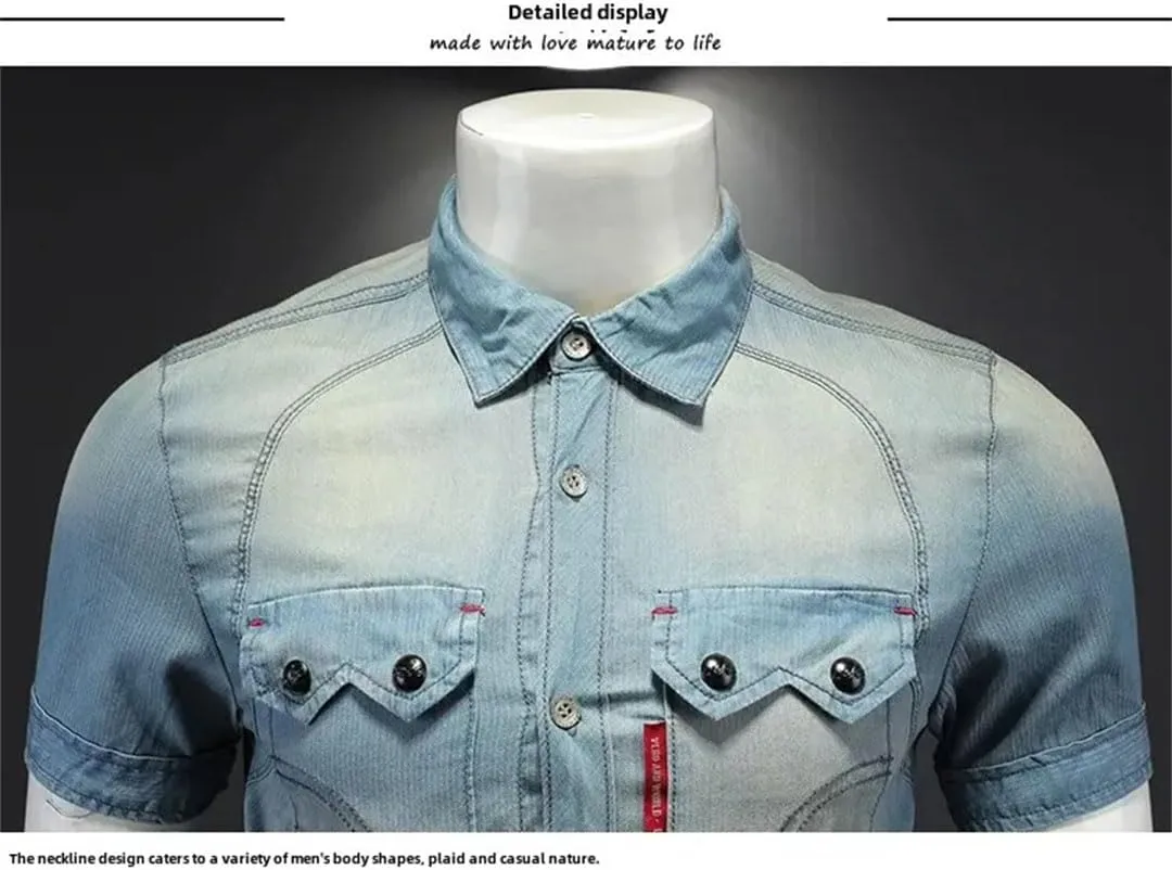 Men's Lapel Denim Short Sleeve Shirt Slimming Vintage Wash Denim Style Shirt