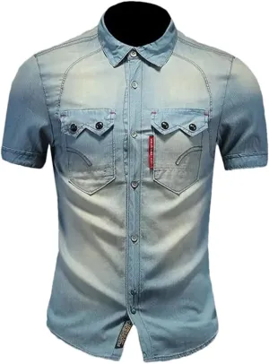 Men's Lapel Denim Short Sleeve Shirt Slimming Vintage Wash Denim Style Shirt