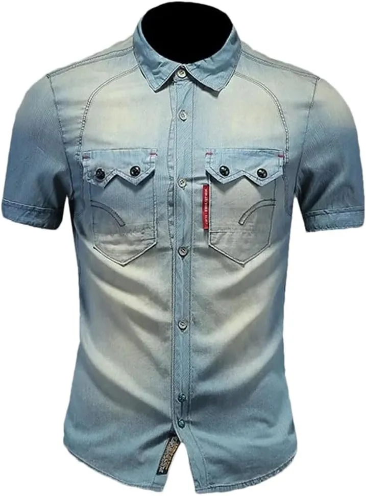 Men's Lapel Denim Short Sleeve Shirt Slimming Vintage Wash Denim Style Shirt
