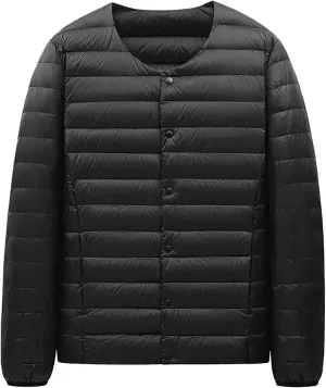 Mens Lightweight Packable Down Jackets Slim Fit Button Down Collarless Quilted Puffer Jackets Insulated Winter Coats