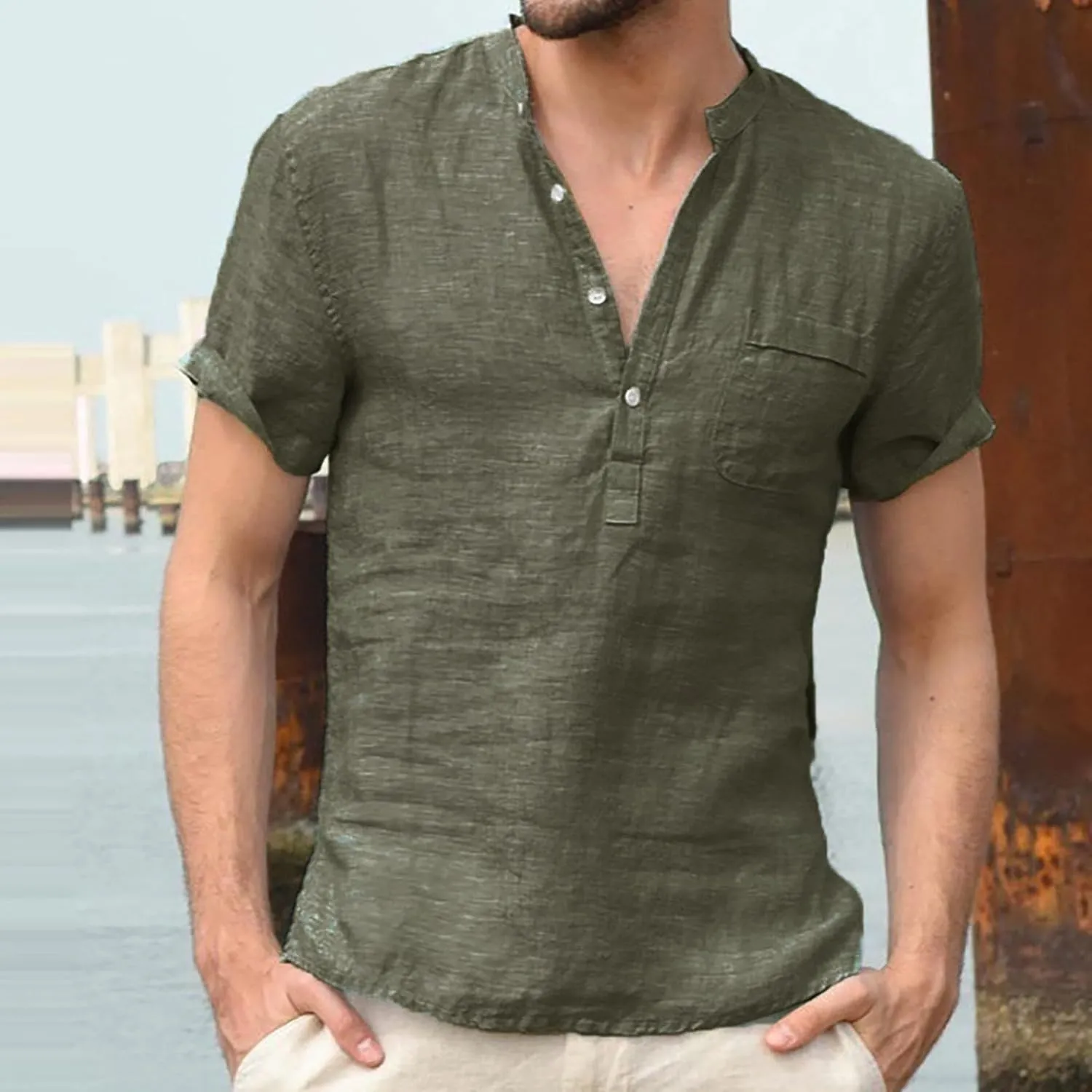 Men's Linen Shirts V Neck Button Short Sleeve Henley Shirt Vintage Wash Cotton Lightweight Loose Summer Beach Tees