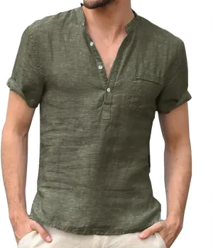 Men's Linen Shirts V Neck Button Short Sleeve Henley Shirt Vintage Wash Cotton Lightweight Loose Summer Beach Tees