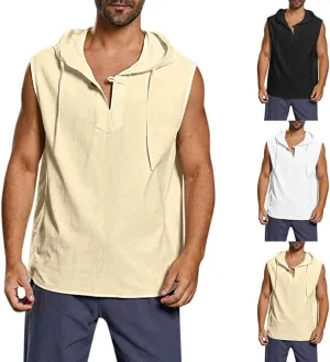 Mens Linen Tank Top Sleeveless Hoodies Lightweight T-Shirt Summer Casual Fashion Shirt Gym Sports Textured Undershirt