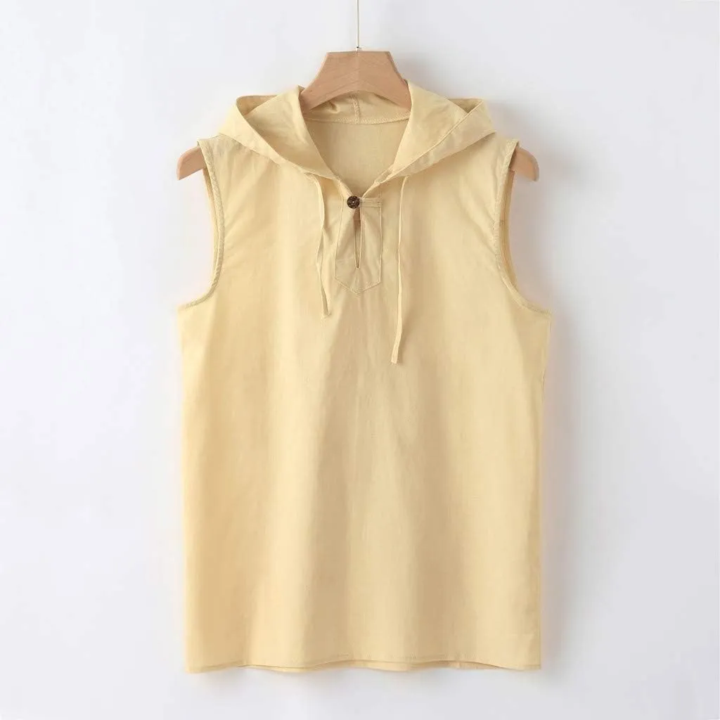 Mens Linen Tank Top Sleeveless Hoodies Lightweight T-Shirt Summer Casual Fashion Shirt Gym Sports Textured Undershirt
