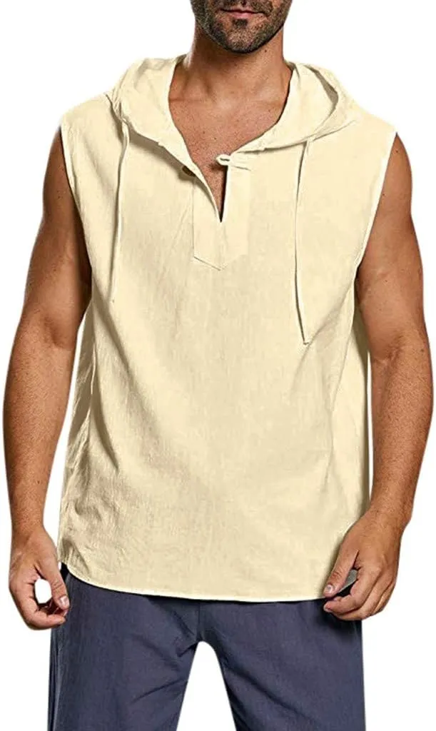 Mens Linen Tank Top Sleeveless Hoodies Lightweight T-Shirt Summer Casual Fashion Shirt Gym Sports Textured Undershirt