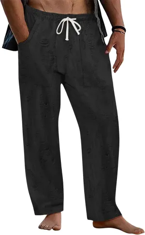 Mens Lounge Linen Pants Elastic Waist Drawstring Baggy Casual Trousers Lightweight Summer Beach Slacks Straight Pants
