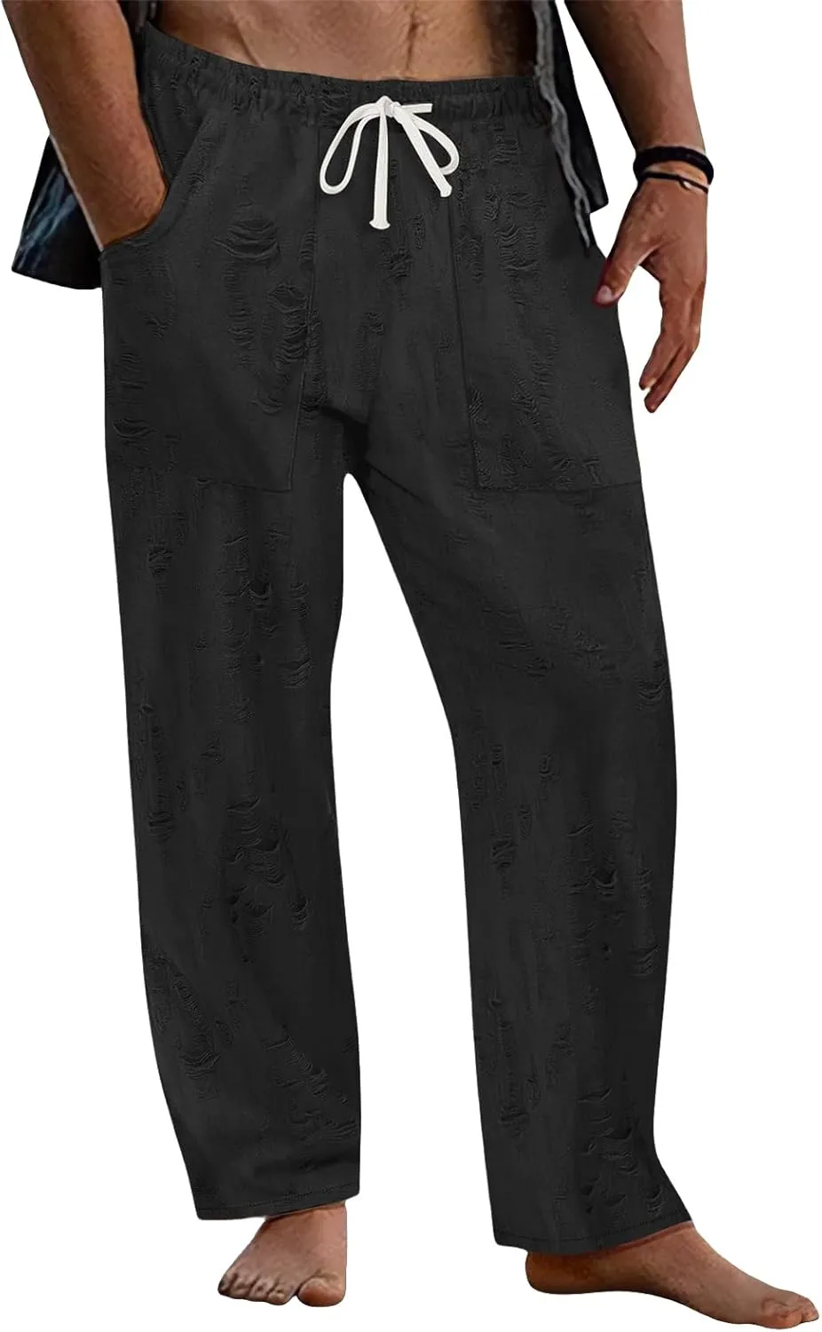 Mens Lounge Linen Pants Elastic Waist Drawstring Baggy Casual Trousers Lightweight Summer Beach Slacks Straight Pants