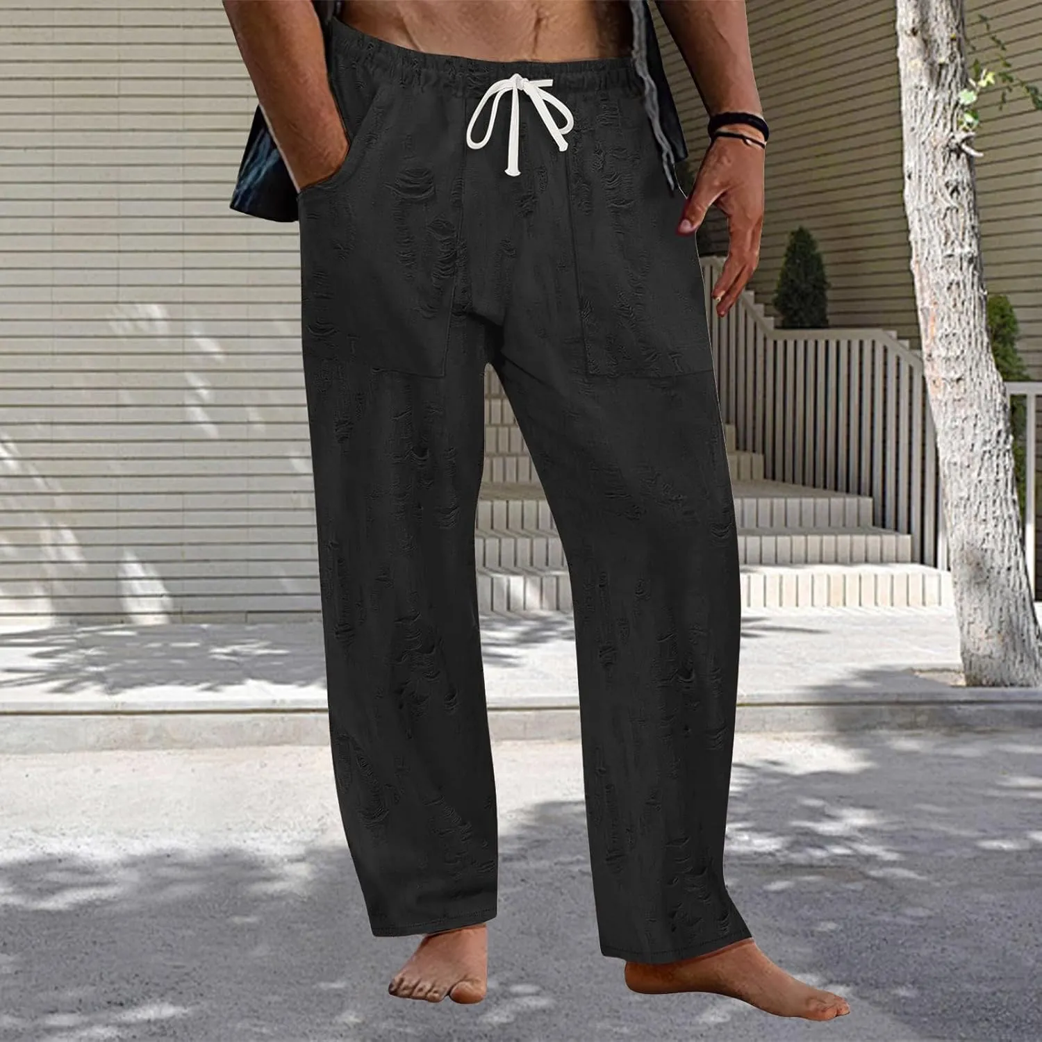 Mens Lounge Linen Pants Elastic Waist Drawstring Baggy Casual Trousers Lightweight Summer Beach Slacks Straight Pants