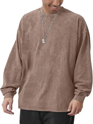 Men's Oversized Cotton T-Shirts Heavy Weight Crew Neck Vintage Wash Tee Long Sleeve Casual Gym Workout Tops