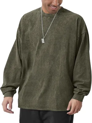 Men's Oversized Cotton T-Shirts Heavy Weight Crew Neck Vintage Wash Tee Long Sleeve Casual Gym Workout Tops