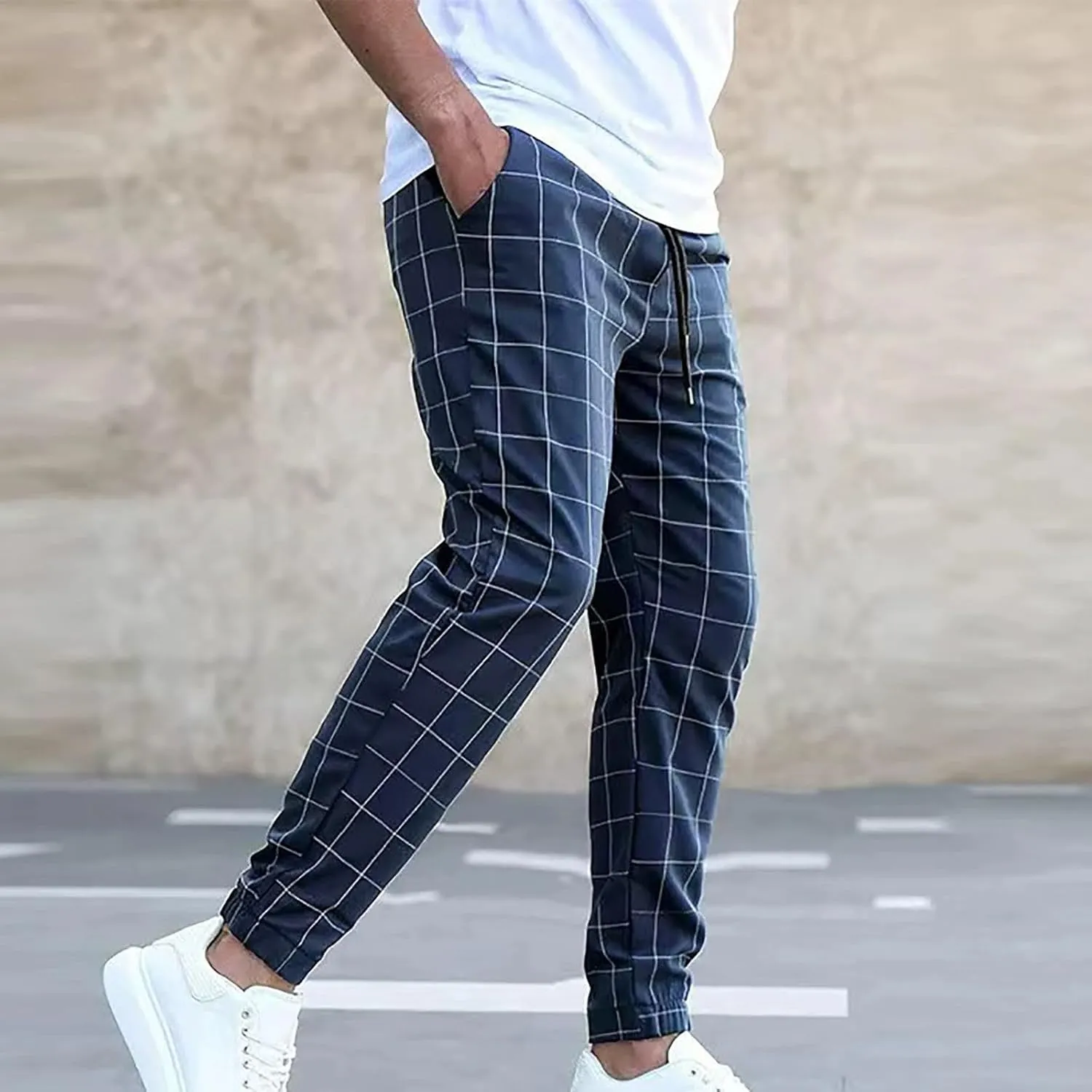 Men's Plaid Suit Pants Fashion Lace up Elastic Waist Dressy Casual Business Office Work Pencil Trouser Sweatpant