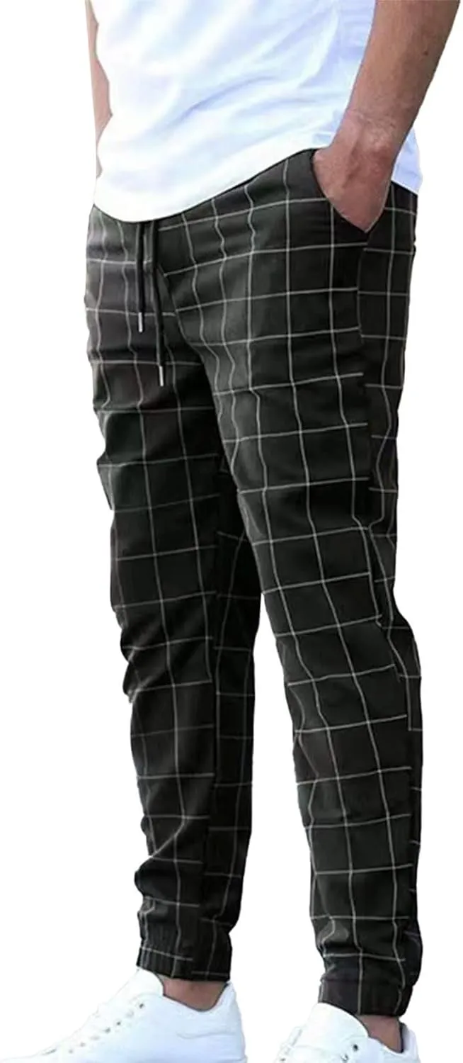 Men's Plaid Suit Pants Fashion Lace up Elastic Waist Dressy Casual Business Office Work Pencil Trouser Sweatpant
