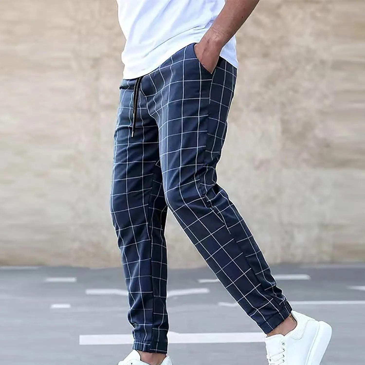 Men's Plaid Suit Pants Fashion Lace up Elastic Waist Dressy Casual Business Office Work Pencil Trouser Sweatpant