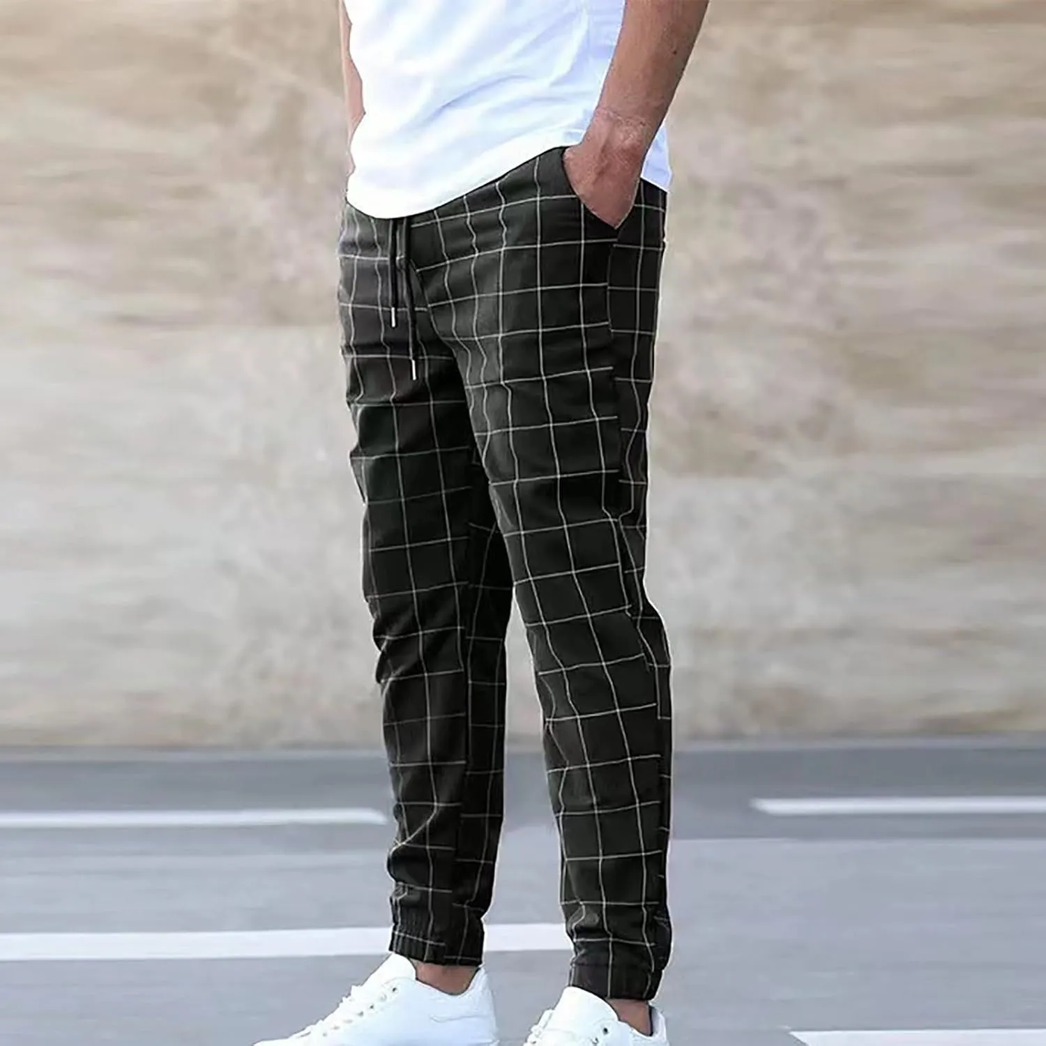 Men's Plaid Suit Pants Fashion Lace up Elastic Waist Dressy Casual Business Office Work Pencil Trouser Sweatpant