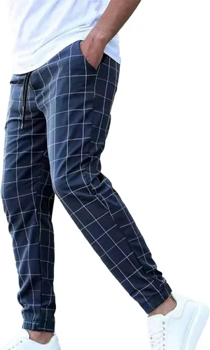 Men's Plaid Suit Pants Fashion Lace up Elastic Waist Dressy Casual Business Office Work Pencil Trouser Sweatpant