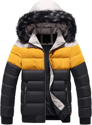 Mens Puffer Jacket with Removable Fur Hooded Bubble Coats with Pockets Lightweight Padded Jackets Patchwork Jacket