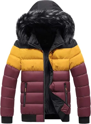 Mens Puffer Jacket with Removable Fur Hooded Bubble Coats with Pockets Lightweight Padded Jackets Patchwork Jacket