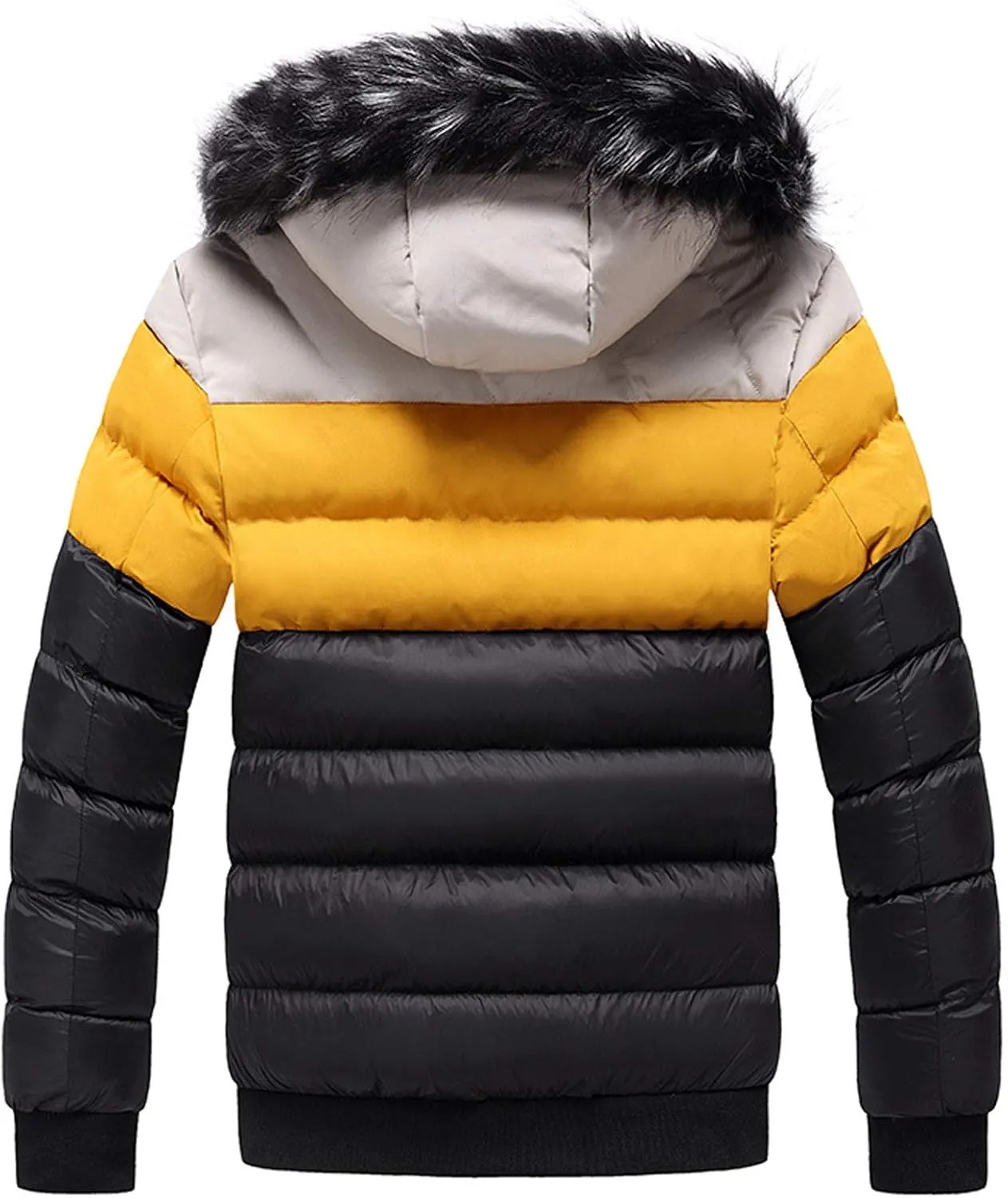 Mens Puffer Jacket with Removable Fur Hooded Bubble Coats with Pockets Lightweight Padded Jackets Patchwork Jacket