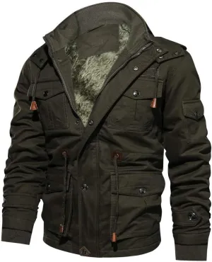Mens Sherpa Lined Military Jacket Full Zip Stand Collar Cargo Jackets with Drawstring Waist Multi Pocket Bomber Jacket