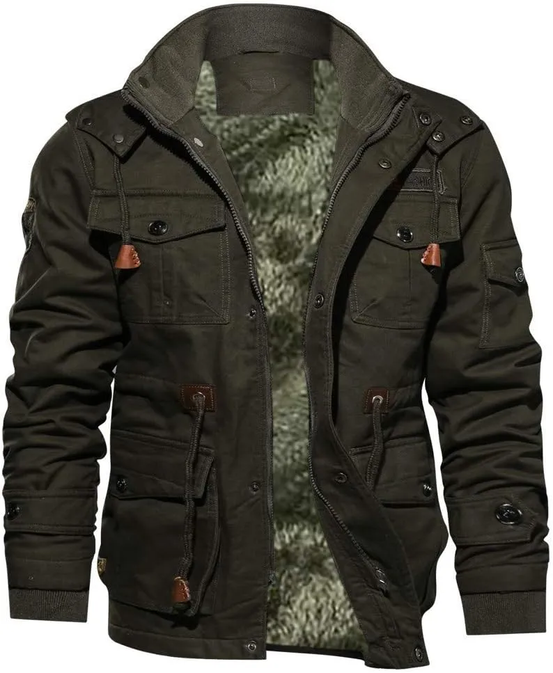 Mens Sherpa Lined Military Jacket Full Zip Stand Collar Cargo Jackets with Drawstring Waist Multi Pocket Bomber Jacket