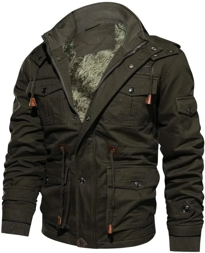 Mens Sherpa Lined Military Jacket Full Zip Stand Collar Cargo Jackets with Drawstring Waist Multi Pocket Bomber Jacket