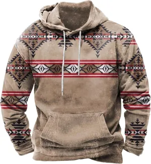 Mens Tribal Aztec Hoodie Retro Vintage Western Ethnic Print Casual Sweatshirt Fall Winter Drawstring Hoodies Pullover