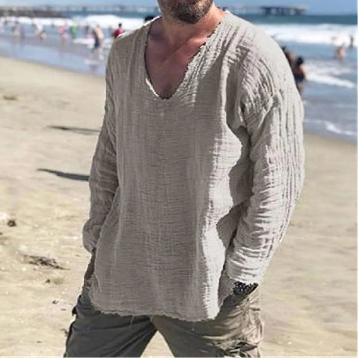 Men's Vintage Linen Raw Edge Plain Long Sleeve Shirts Casual Crewneck Beach Hippie Yoga Shirts