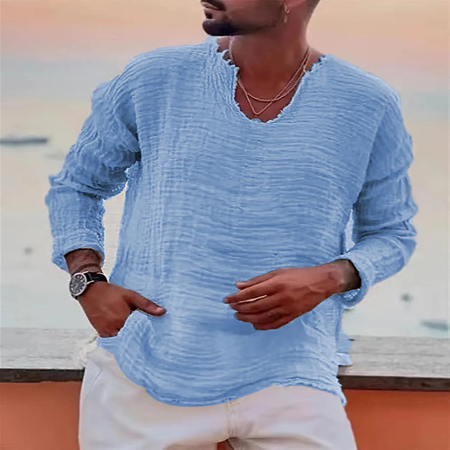 Men's Vintage Linen Raw Edge Plain Long Sleeve Shirts Casual Crewneck Beach Hippie Yoga Shirts