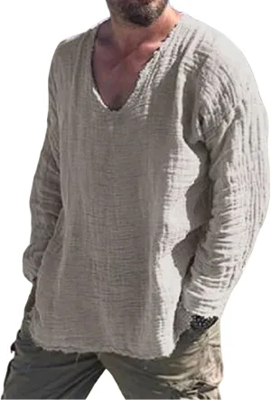 Men's Vintage Linen Raw Edge Plain Long Sleeve Shirts Casual Crewneck Beach Hippie Yoga Shirts