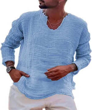 Men's Vintage Linen Raw Edge Plain Long Sleeve Shirts Casual Crewneck Beach Hippie Yoga Shirts