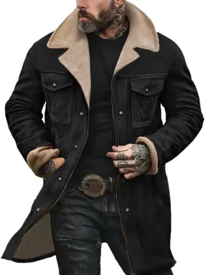 Men's Vintage Suede Jacket Plush Collar Coats Faux Leather Jacket Men Zip Up Motorcycle Jacket Coats Retro Tops