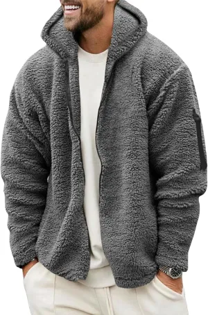 Mens Warm Fleece Sweater Hoodie Jacket Sherpa Coat with Fuzzy Lining Sportswear Hoodie Sweatshirt with Pockets