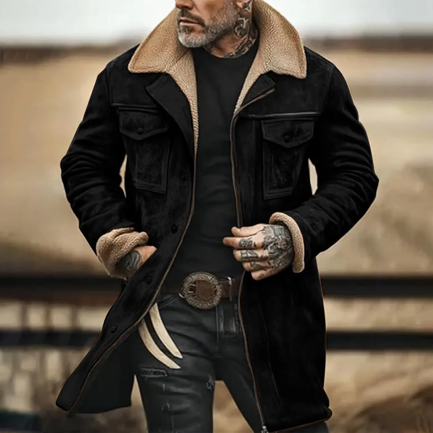 Men's Western Vintage Suede Lamb Fleece Jacket Sherpa Multi Pocket Button Outdoor Coat Warm Retro Top 2024