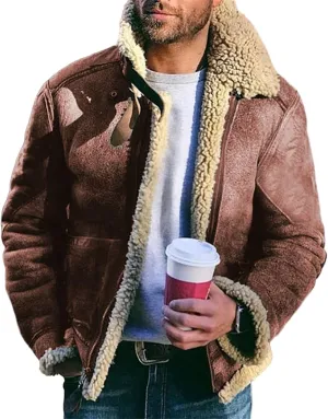Mens Winter Coats, Men's Bomber Jackets Faux Leather Sherpa Fleece Lined Suede Jackets Heavyweight Faux Fur Overcoats