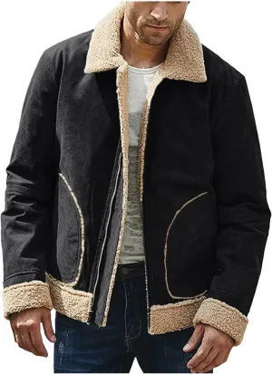 Mens Winter Coats, Mens Vintage Faux Leather Jacket Sherpa Lined Heavyweight Shearing Coat Plus Size Thicken Jacket