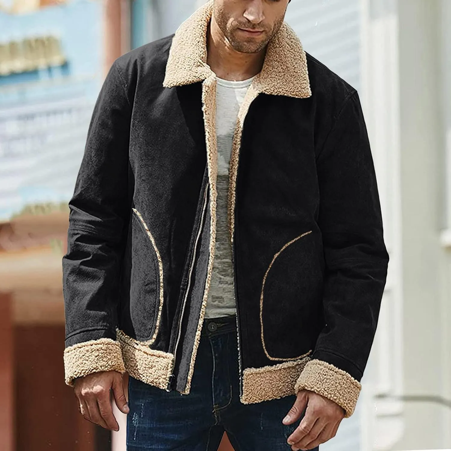 Mens Winter Coats, Mens Vintage Faux Leather Jacket Sherpa Lined Heavyweight Shearing Coat Plus Size Thicken Jacket